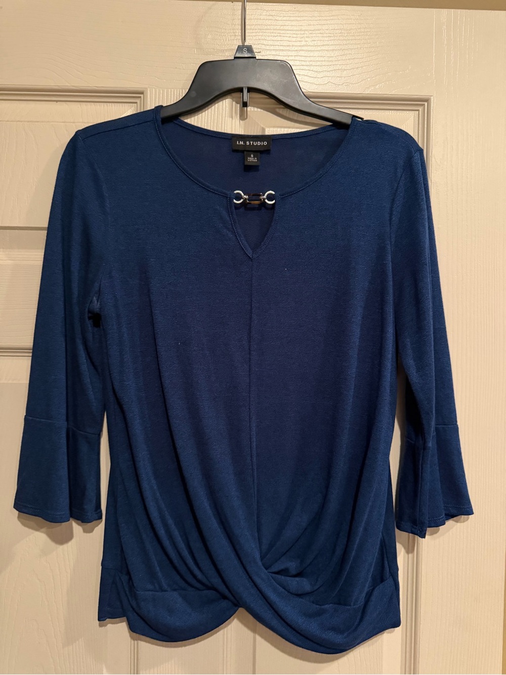 I.N. Studio Navy Twist-Hem Top with Decorative Keyhole